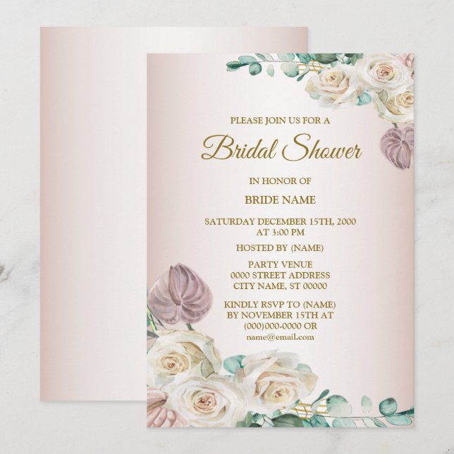 Pink White Rose Watercolor Greenery Bridal Shower Einladung (Vorne/Hinten)