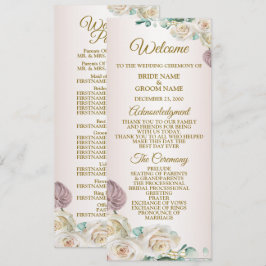 Pink White Rose Watercolor Greenery Golden Wedding Programm
