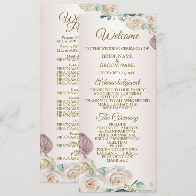Pink White Rose Watercolor Greenery Golden Wedding Programm (Vorne/Hinten)