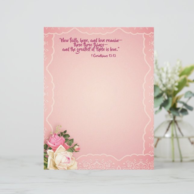 Pink White Roses Lace Border Stationery Scripte (Stehend Vorderseite)