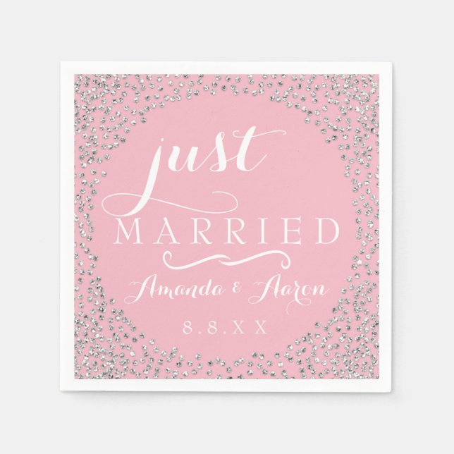 Pink White Silver Confetti Wedding Just Married Serviette (Vorderseite)