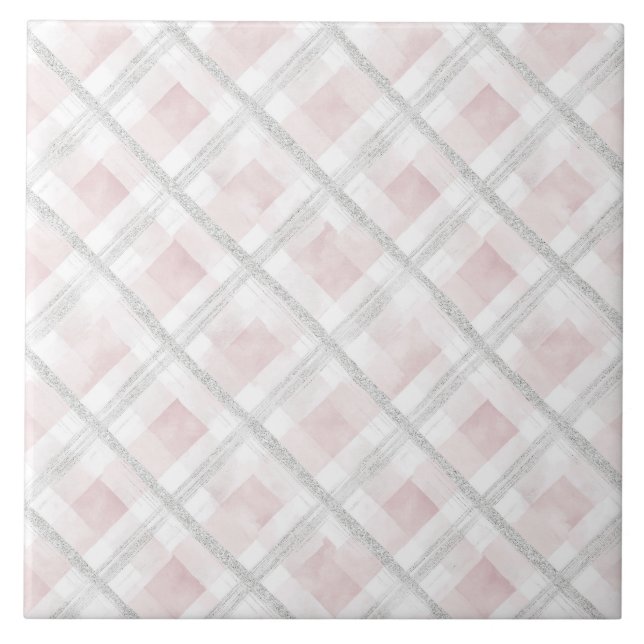 Pink White Silver Glitzer Squares Fliese (Vorderseite)