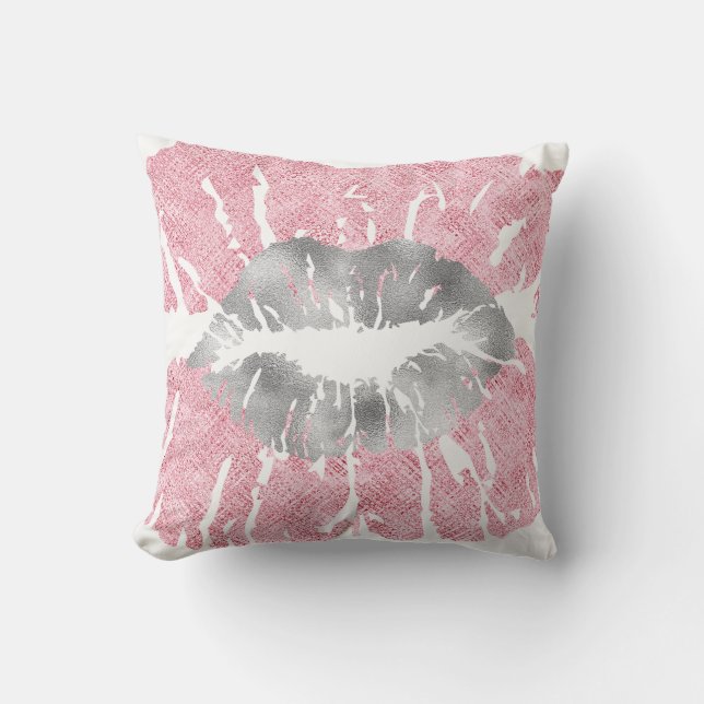 Pink White Silver Grau Glitzer Kiss Lips Makeup Kissen (Vorderseite)