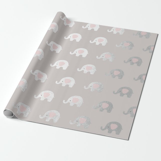 Pink White Silver Princess Elephant New Baby Geschenkpapier (Ungerollt)