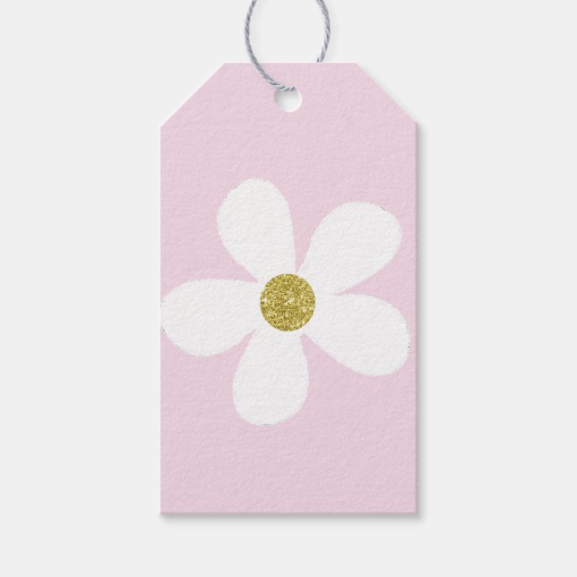 Pink White Simple Daisy Gold Geschenkanhänger (Vorderseite)