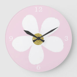 Pink White Simple Daisy Gold Große Wanduhr