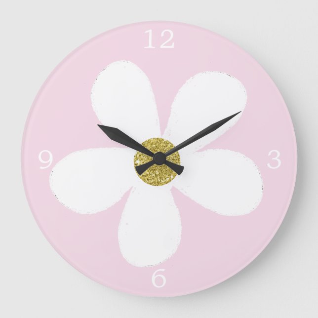 Pink White Simple Daisy Gold Große Wanduhr (Vorderseite)