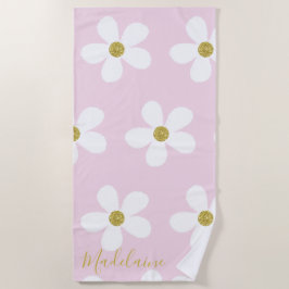 Pink White Simple Daisy Gold Personal Strandtuch