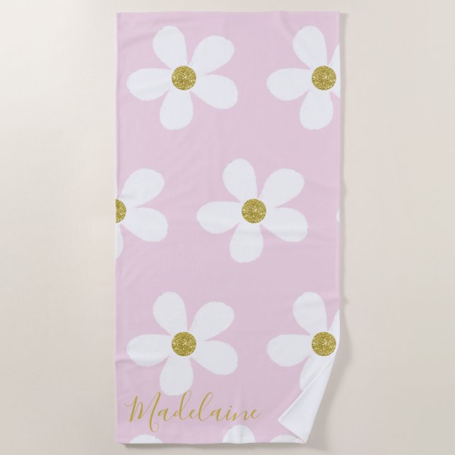 Pink White Simple Daisy Gold Personal Strandtuch (Vorderseite)