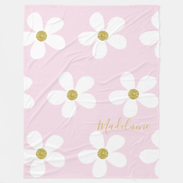 Pink White Simple Daisy Pattern Gold Personal Fleecedecke (Vorderseite)