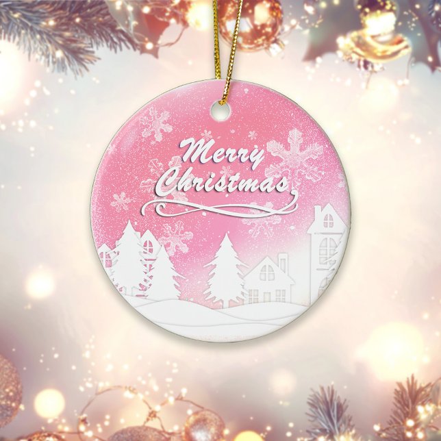 Pink White Snow House Frohe Weihnachten Neues Jahr Keramik Ornament (Von Creator hochgeladen)