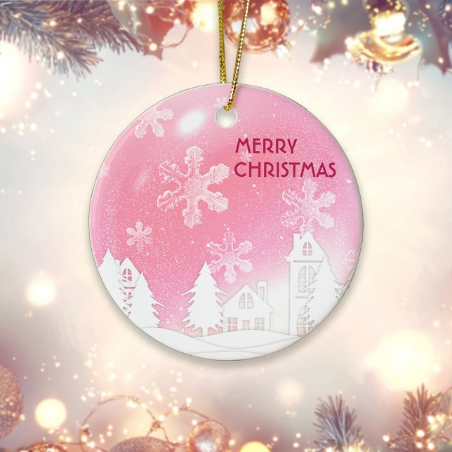 Pink White Snow House frohe Weihnachten Neues Jahr Keramik Ornament (Von Creator hochgeladen)