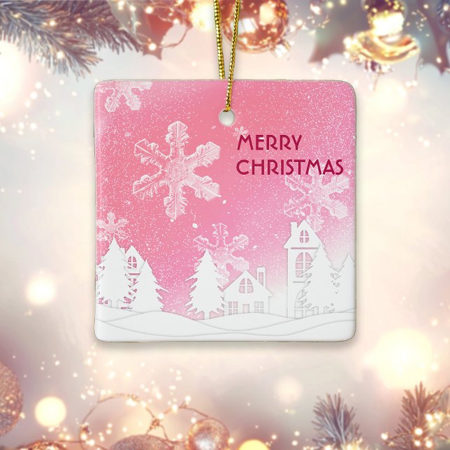 Pink White Snow House frohe Weihnachten Neues Jahr Keramikornament (Von Creator hochgeladen)