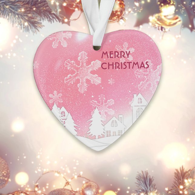 Pink White Snow House frohe Weihnachten Neues Jahr Ornament (Von Creator hochgeladen)