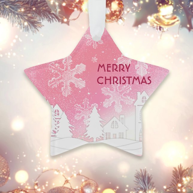 Pink White Snow House frohe Weihnachten Neues Jahr Ornament (Von Creator hochgeladen)