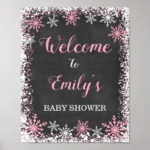 Pink White Snowflake Girl Babydusche Begrüßungszei Poster