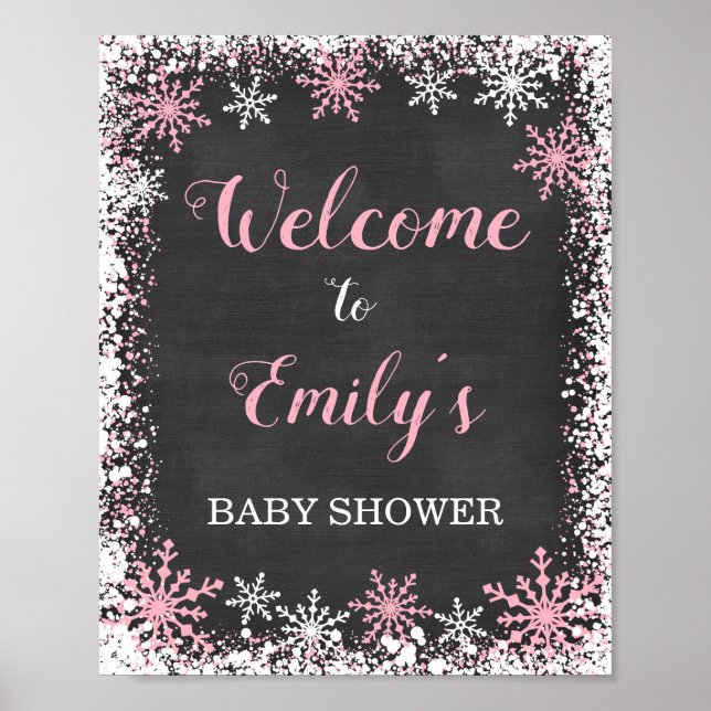Pink White Snowflake Girl Babydusche Begrüßungszei Poster (Vorne)