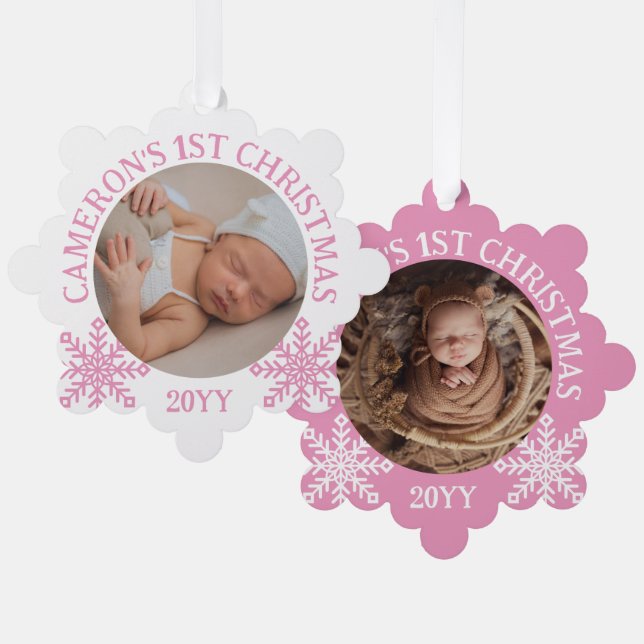 Pink White Snowflakes Baby's 1. Weihnachten Ornament Karte (Vorderseite/Rückseite)