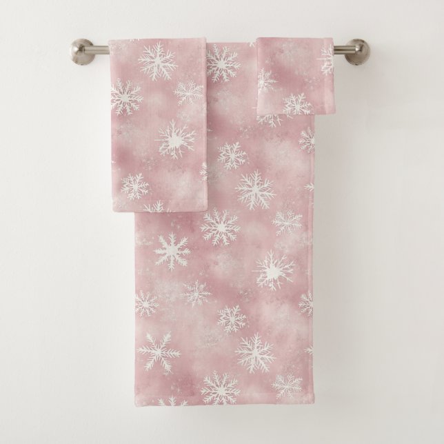 Pink White Snowflakes Christmas Badhandtuch Set (Insitu)
