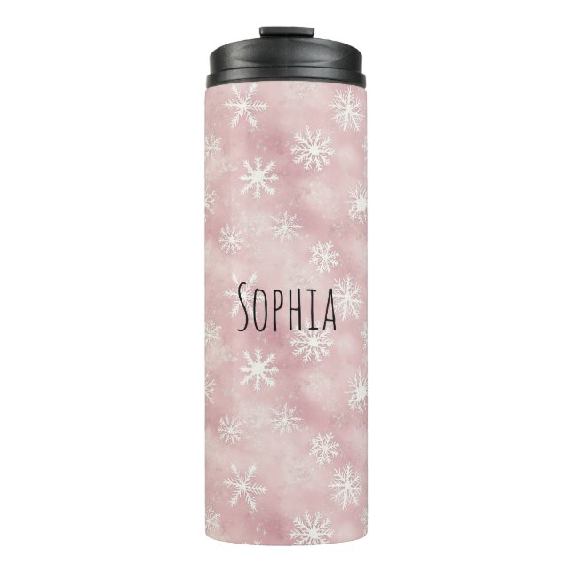 Pink White Snowflakes Christmas Thermosbecher (Vorderseite)