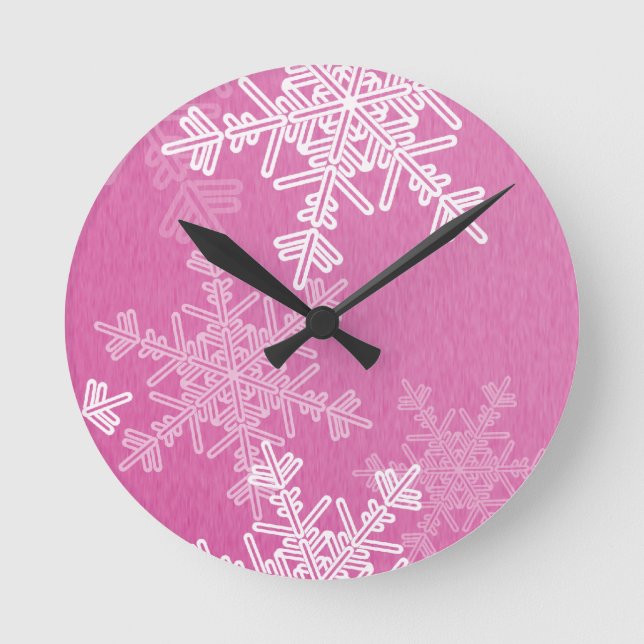 Pink White Snowflakes Minimalistisch Weihnachtsnac Runde Wanduhr (Vorderseite)