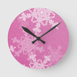 Pink White Snowflakes Minimalistisch Weihnachtsnac Runde Wanduhr