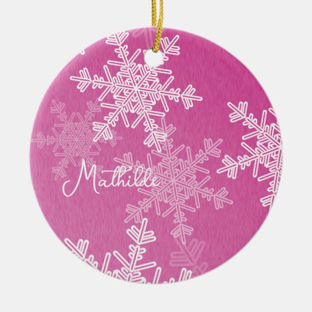Pink White Snowflakes Minimalistischer Weihnachtsn Keramik Ornament (Vorne)