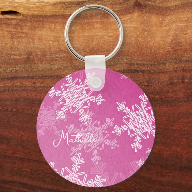 Pink White Snowflakes Minimalistischer Weihnachtsn Schlüsselanhänger (Vorderseite)