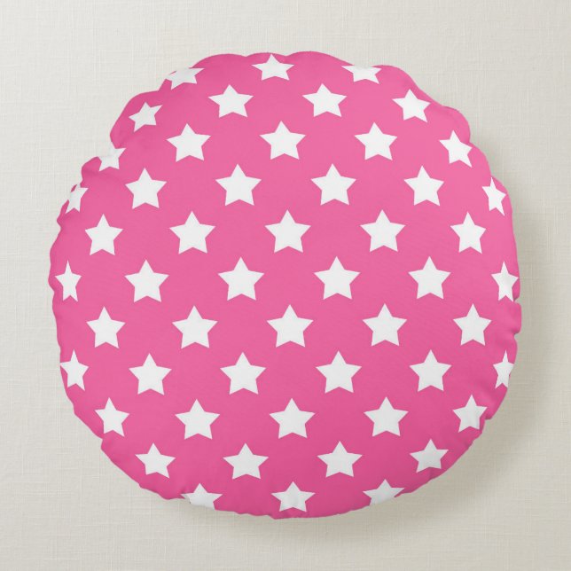 Pink White Stars Muster dekorativ Rundes Kissen (Vorderseite)
