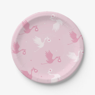 Pink & White Stork Delivery Girl Babydusche Niedli Pappteller