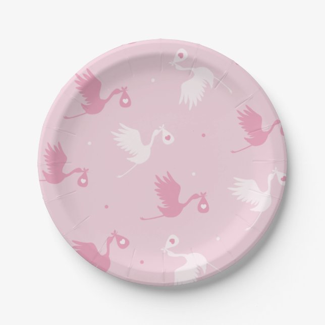 Pink & White Stork Delivery Girl Babydusche Niedli Pappteller (Vorderseite)