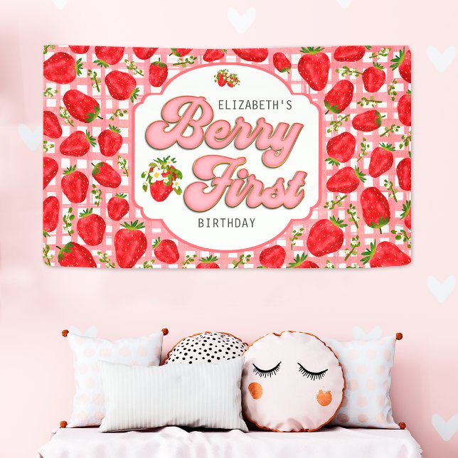 Pink White Strawberry Pattern Berry Erster Geburts Banner (Von Creator hochgeladen)