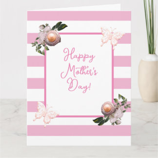 Pink & White Stripe Floral Pearl Mother's Day Karte