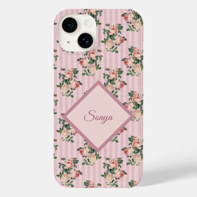 Pink White Stripes and Trailing Roses Monogrammed Case-Mate iPhone Hülle (Rückseite)