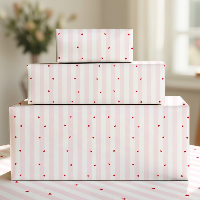 Pink White Stripes + Hearts Wrapping Paper Geschenkpapier (Von Creator hochgeladen)