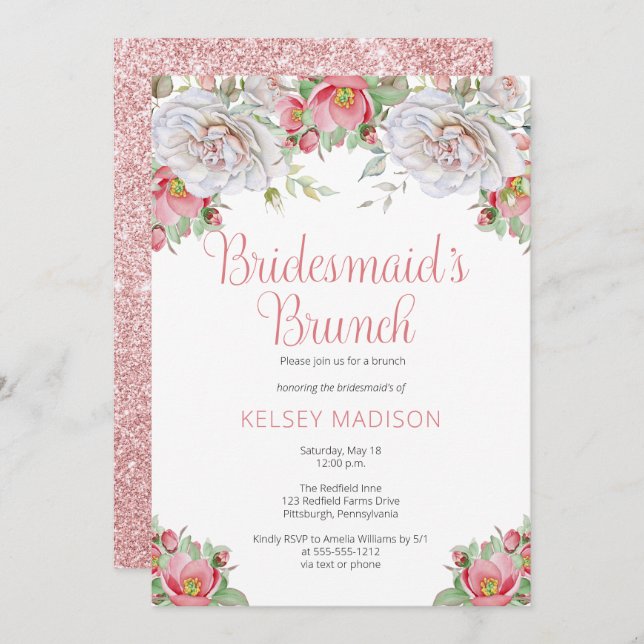 Pink White Sweet Floral Blooms Bridesmaid's Brunch Einladung (Vorne/Hinten)