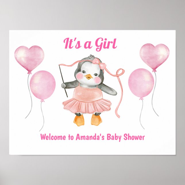 Pink White The Girl Baby Dusche Pinguin Willkommen Poster (Vorne)