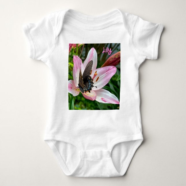 Pink White Tiger Lililly Blume Blue Butterfly Name Baby Strampler (Vorderseite)