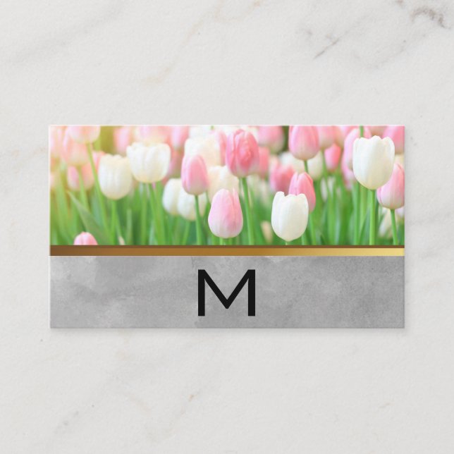 Pink White Tulips | Monogramm Visitenkarte (Vorderseite)