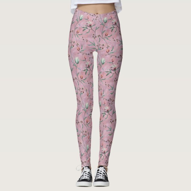 Pink & White Tulips Muster Leggings (Vorderseite)