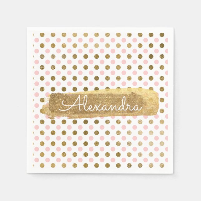 Pink, White und Gold Foil Polka Dose Name Serviette (Vorderseite)