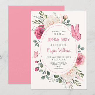 Pink white Watercolor Floral Rose Geburtstag Einladung