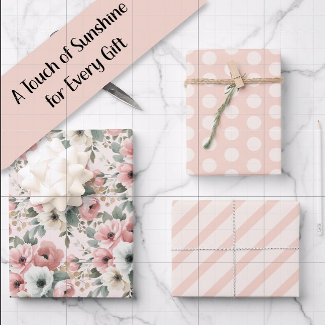  Pink White Watercolor Striped Polka Dots Geschenkpapier Set (Pink watercolor floral, pink and cream polka dots, and pink and cream-colored stripes gift wrap)