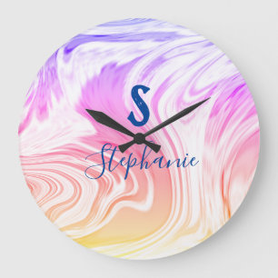 Pink White Wave Abstrakt Girly Monogram Gift Gefal Große Wanduhr