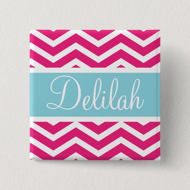 Pink White Zickzack Blue Individuelle Name Button (Vorderseite)