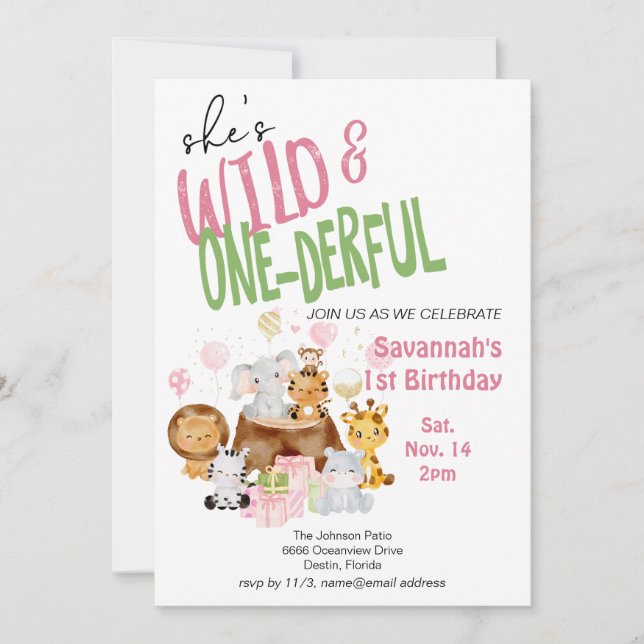 Pink Wild and Onederful Baby's First Birthday Einladung (Vorderseite)