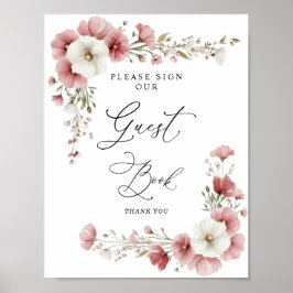 Pink Wild Flowers Bridal Shower Guest Book Sign Poster