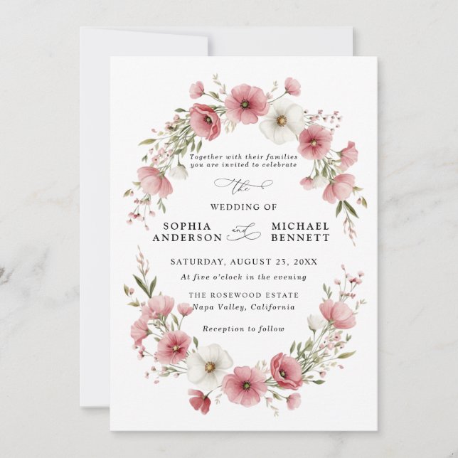 Pink Wild Flowers Wedding Invitation Einladung (Vorderseite)