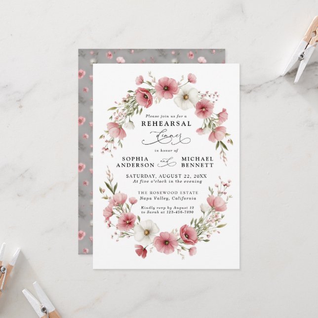 Pink Wild Flowers Wedding Rehearsal Dinner Einladung (Vorderseite/Rückseite Beispiel)
