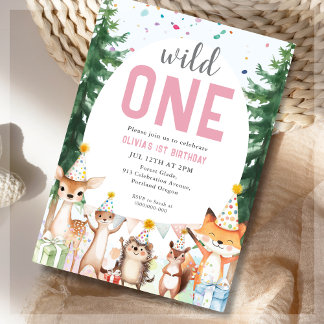 Pink Wild One Forest Animal Birthday Party Einladung